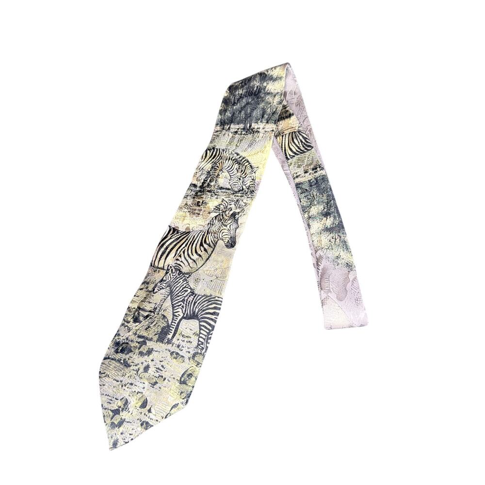 Vintage endangered species novelty zebra safari print neck tie 100% silk USA